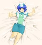  blue_hair funky-harem hat kusuha_mizuha lying nurse nurse_cap short_hair shu-z solo super_robot_wars super_robot_wars_original_generation 