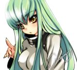  breasts c.c. cc code_geass green_hair large_breasts long_hair lowres meimi signature solo straitjacket yellow_eyes 