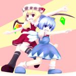  blue_eyes blue_hair bow chipika cirno flandre_scarlet hair_bow hat multiple_girls ponytail red_eyes short_hair side_ponytail touhou wings 