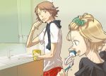  blue_eyes brown_eyes brown_hair brushing_teeth cup hanamura_yousuke hoe_(dbp) kuma_(persona_4) persona persona_4 short_hair sink toothbrush toothpaste 