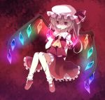  akai bad_id blood brown_hair dress flandre_scarlet hat highres purple_background rainbow_order red_dress solo touhou wings 