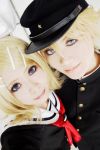  blonde_hair bow cosplay couple hat kagamine_len kagamine_rin photo school_uniform short_hair vocaloid 