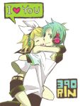  blonde_hair bow genderswap happu happy hatsune_miku hatsune_mikuo headphones heart hug kagamine_rin oekaki open_mouth shorts smile spoken_heart tegaki vocaloid 