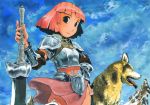  cloud clouds koban_(times) lowres mountain red_hair redhead sky smile solo sword weapon wind wolf 