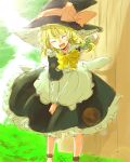  arm_support blonde_hair bowtie closed_eyes closed_fan fan folding_fan hand_on_knee happy hat ica kirisame_marisa lens_flare open_mouth sketch smile solo touhou witch_hat 