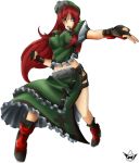 alternate_costume belt braid cosplay crossover fingerless_gloves gloves guilty_gear hat hong_meiling kamina_shades long_hair midriff red_hair redhead sol_badguy sol_badguy_(cosplay) solo spikewible squirtle squirtle_(cameo) squirtle_squad touhou twin_braids 