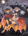  1girl cape cleavage cross crossed_legs halloween hat highres houtengeki jack-o&#039;-lantern large_breasts long_hair moon pumpkin purple_hair red_eyes sitting solo thighhighs witch witch_hat 