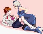  2girls black_legwear blush bra breasts brown_hair dress elizabeth_(persona) eye_contact eyelashes female_protagonist_(persona_3) folks_need_heroes gloves hat large_breasts looking_at_another loose_necktie multiple_girls pantyhose persona persona_3 persona_3_portable pink_bra school_uniform short_hair silver_hair skirt socks underwear undressing white_legwear yellow_eyes yuri 