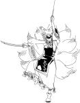  bow cat_eyes dress fighting_stance frills hair_bow hat mitsumoto monochrome mouth_hold multiple_tails shoes short_hair sketch slit_pupils solo standing_on_one_leg sword tail touhou triple_wield triple_wielding weapon wide_sleeves yakumo_ran 