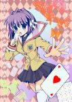  card cards clannad falling_card fujibayashi_ryou heart holding holding_card mako_(lovely_panda_house) purple_hair school_uniform short_hair solo thigh-highs thighhighs 