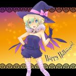  cape costume gloves halloween hat multicolored_hair nia_teppelin ribbon saikachi short_hair skull sleeveless smile solo striped tengen_toppa_gurren_lagann thigh-highs thighhighs two-tone_hair wand witch witch_hat young 