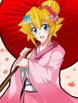  blonde_hair blue_eyes hair_bun hair_ornament japanese_clothes kimono leaf maple_leaf oriental_umbrella parasol princess_peach shangorilla solo super_mario_bros. umbrella 