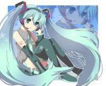  aqua_eyes aqua_hair bad_id detached_sleeves hand_on_headphones hatsune_miku headphones headset long_hair mokorobi necktie sitting skirt solo thigh-highs thighhighs twintails very_long_hair vocaloid zettai_ryouiki 