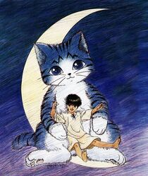  barefoot child feet giant_cat kyaa moon oversized_animal please_save_my_earth purple shion_(please_save_my_earth) sitting star young 