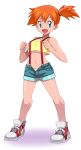  1girl crop_top kasumi_(pokemon) midriff navel no_socks open_mouth orange_hair panties pokemon ryunryun shiny shoes shorts side_ponytail simple_background smile sneakers solo suspenders underwear unzipped white_background 