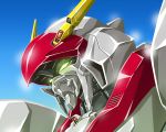  bad_id close-up d-1 face glowing glowing_eyes green_eyes kikou_senki_dragonar mecha metal_armor_dragonar mid_knight outdoors shiny sky solo 