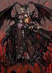  armor bare_shoulders blood breasts halloween long_hair moto_murabito original ponytail pumpkin red_eyes silver_hair sword wings 