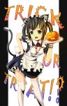  apron bad_id brown_hair cat_ears fang green_eyes halloween hand_on_hip highres jack-o'-lantern jack-o-lantern leaning maid original pumpkin solo supertie tail thigh-highs thighhighs twintails zettai_ryouiki 