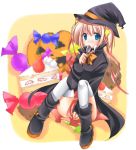  blonde_hair blue_eyes boots cake candy food halloween hat jack-o'-lantern jack-o-lantern kamikita_komari little_busters! little_busters!! pastry pumpkin shino_(sosuketo) short_hair solo spoon thigh-highs thighhighs witch_hat 