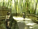  bamboo bamboo_forest forest kyoto looking_back maribel_hearn multiple_girls nature road running scenery shade shadow sunlight tokoroten_(hmmuk) touhou usami_renko wall 