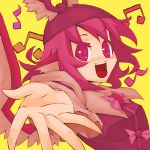  :d animal_ears foreshortening hat ke-su musical_note mystia_lorelei open_mouth outstretched_hand pink_eyes pink_hair short_hair simple_background singing smile solo touhou wings yellow_background 