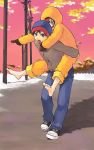  barefoot blue_eyes jeans kenny_mccormick pointing sky snow south_park stan_marsh 