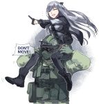  1boy 1girl ak-12_(girls_frontline) anger_vein ankle_boots bangs black_footwear black_pants boots braid closed_eyes commentary deiar009 english_commentary english_text eyebrows_visible_through_hair french_braid fuze_(rainbow_six_siege) girls_frontline gloves helmet highres long_hair long_sleeves military military_uniform open_mouth pants partly_fingerless_gloves rainbow_six_siege silver_hair uniform 