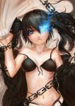  black_hair black_rock_shooter black_rock_shooter_(character) blue_eyes chain chains crying front-tie_top glowing glowing_eyes haoyuan long_hair lying midriff scar solo tears twintails untied 