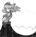 closed_eyes crossed_arms curly_hair eyelashes highres long_skirt monochrome ryokosan skirt smile solo touhou yasaka_kanako