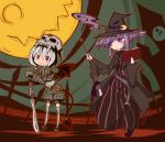  bat_wings book chibi collaboration halloween hat highres kibana_tsuitachi moon multiple_girls patchouli_knowledge purple_eyes purple_hair red_eyes remilia_scarlet short_hair silver_hair sonson_(eleven) sword touhou violet_eyes wand weapon wings witch witch_hat 