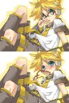   blonde_hair blush boy glasses headphones kagamine_len shota necktie trap vocaloid  