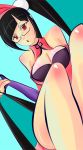  bare_shoulders black_hair blazblue bra breasts cleavage glasses hair_ornament large_breasts legs litchi_faye_ling long_hair red_eyes solo 