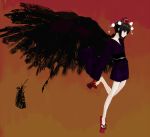  bad_id black_hair black_wings feathers geta hat japanese_clothes kai_(kai_013) kai_(pixiv84265) kimono ponytail shameimaru_aya short_kimono solo tengu-geta tokin_hat touhou wings 