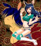  belt black_hair blue_hair boots bracelet closed_eyes crop_top deer_ears denim denim_shorts earrings jewelry kotaro_mori long_hair midriff mori_kotarou navel shinohara_natsuki shorts slender solo summer_wars tail taut_shirt thigh-highs thighhighs toned torn_clothes wristband 