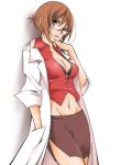  1girl bespectacled breasts brown_hair cleavage doctor female glasses hair_up kurota labcoat lowres meiko midriff short_hair side_slit simple_background skirt solo vocaloid 