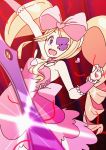  1girl blonde_hair blue_eyes bow dress drill_hair earrings eyepatch foreshortening hair_bow harime_nui jewelry kill_la_kill lens_flare life_fiber long_hair red_disappointment scissor_blade smile solo thread twin_drills wrist_cuffs 