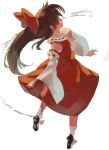  1girl bow brown_eyes brown_hair detached_sleeves from_behind gohei hair_bow hair_tubes hakurei_reimu japanese_clothes long_hair looking_over_shoulder miko pisoshi sarashi socks solo spinning standing tiptoes touhou wide_sleeves 