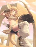 1girl animal_ears arrow belt blonde_hair bow_(weapon) bracelet braid breasts elbow_gloves gloves highres jewelry midriff navel original quiver sand-rain sasaame solo tail twin_braids underboob weapon yellow_eyes 