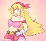  1girl bandana bare_shoulders blonde_hair blue_eyes breasts captain_syrup cleavage cosplay crop_top earrings gloves jewelry long_hair midriff off_shoulder pizzaday princess_peach smile solo super_mario_bros. wario_land white_gloves 