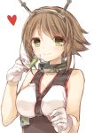  1girl breasts brown_hair gloves green_eyes headgear kantai_collection kasu_(return) lipstick makeup mutsu_(kantai_collection) personification short_hair simple_background solo translated white_background 