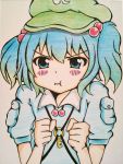  1girl :t blue_eyes blue_hair blush_stickers bust clenched_hands colored_pencil_(medium) grey_background hair_bobbles hair_ornament hat highres holding_breath kawashiro_nitori key looking_at_viewer meme-tan_(bana_nan26) millipen_(medium) pout short_hair short_sleeves simple_background solo touhou traditional_media twintails 