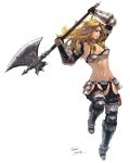  1girl armor bare_shoulders bikini_armor black_legwear black_panties blonde_hair breasts choker cleavage eyepatch faulds garter_straps gauntlets greaves halberd iwanai_tomoeju long_hair navel original over_shoulder panties polearm solo thigh-highs underwear weapon weapon_over_shoulder 