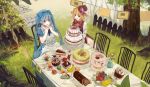  2girls alice_in_musicland_(vocaloid) aqua_hair banana blonde_hair bou_shaku bowtie cake chair dress food fruit grass hatsune_miku highres kagamine_rin long_hair multiple_girls short_hair sitting table twintails very_long_hair vocaloid 