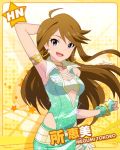  1girl armlet artist_request blue_eyes bracelet brown_hair character_name choker earrings fingerless_gloves gloves hand_on_head idolmaster idolmaster_million_live! jewelry long_hair looking_at_viewer official_art smile solo tokoro_megumi yellow_background 