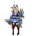  1girl bike_shorts blonde_hair boots breasts cannon gloves hands_on_hips hat highres iowa-class_battleship kantai_collection large_breasts machinery open_mouth original personification skirt solo thigh-highs thigh_boots tk8d32 uniform uss_missouri_(bb-63) yellow_eyes 