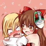  2girls aki-melody blonde_hair blush bow brown_hair detached_sleeves fang full-face_blush hair_bow hair_tubes hakurei_reimu hug long_hair mask multiple_girls rumia touhou 