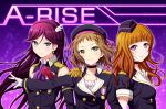  3girls beret blue_eyes blush brown_hair bust choker collarbone earrings epaulettes flower gloves green_eyes hairband hat idol jewelry kira_tsubasa long_hair long_sleeves looking_at_viewer love_live!_school_idol_project medal mole multiple_girls outline outstretched_arm parted_lips purple_hair red_rose rose shian_(my_lonly_life.) short_hair short_sleeves sleeveless smile sparkle toudou_erena violet_eyes white_gloves yuuki_anju 