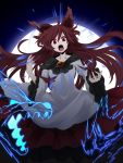  1girl animal_ears brooch brown_hair dress fangs fingernails full_moon highres imaizumi_kagerou jewelry long_hair long_sleeves moon open_mouth red_eyes rihito_(usazukin) solo touhou wolf_ears 