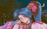  1girl 90s blue_hair crescent_moon dithering ears facial_mark forehead_mark forest hair_ornament japanese_clothes kimono light_smile long_hair looking_at_viewer moon nature night payot pink_eyes pixel_art ponytail sky sleeves_past_wrists solo spiky_hair tenchi_muyou! tree tsunami_(tenchi_muyou!) v_over_eye 