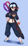  1girl adapted_costume baggy_pants black_hair blue_eyes blush crop_top goggles goggles_on_head hand_on_hip hayama_yuujirou highlights highres kill_la_kill matoi_ryuuko midriff multicolored_hair navel over_shoulder oversized_object scissor_blade scissors senketsu shoes short_hair single_glove sleeves_rolled_up sneakers solo suspenders track_jacket track_pants track_suit weapon weapon_over_shoulder 